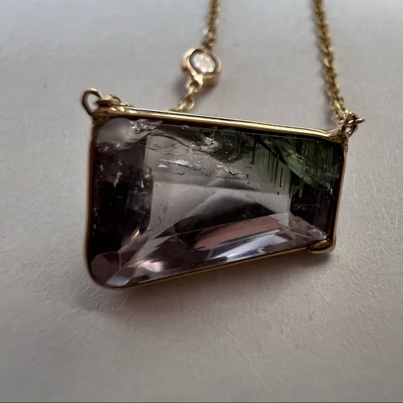 Amazing Purple Green Tourmaline With A Diamond In Solid 14k Yellow Gold 18" - Picture 7 of 9
